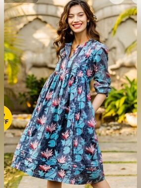 Novica Waterlilly Cotton Dress in Navy, Teal & Pink XXL